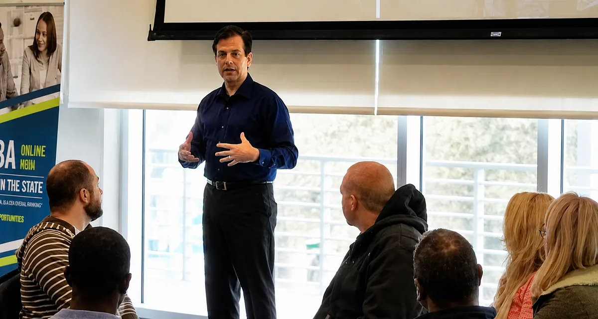 Toby leading a workshop while participants watch and contribute from the front of the room.
