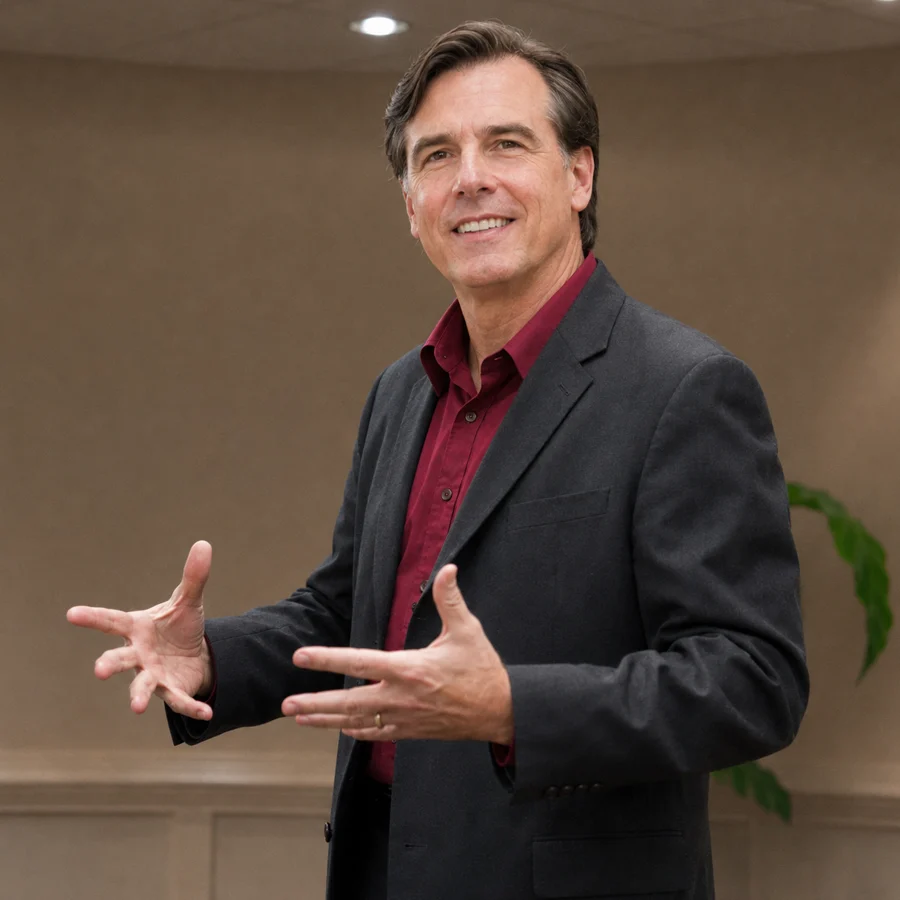 Toby Martini smiling and gesturing while speaking in a conference room.
