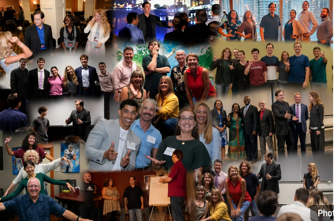 Collage of Toby leading interactive workshops and business events with engaged participants.